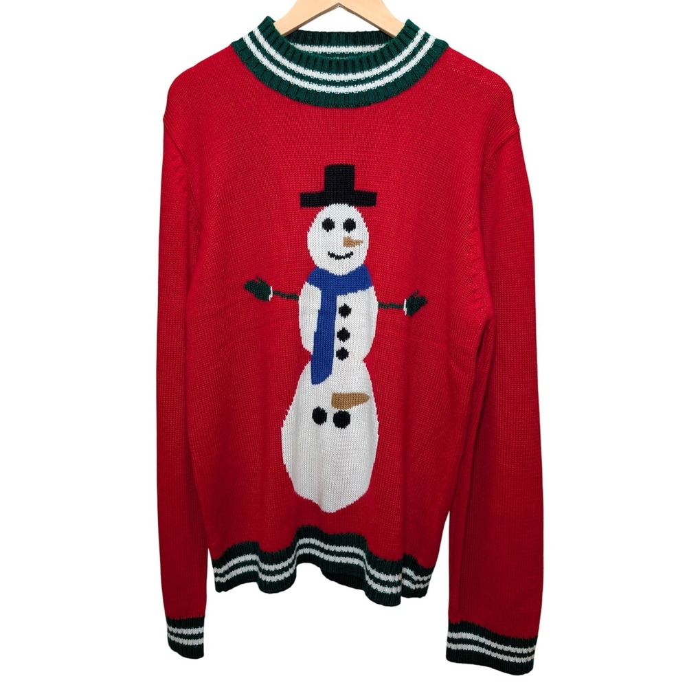 Men's XL Snowman Red Christmas‎ Sweater Long Sleeve Green White Stripe Collar